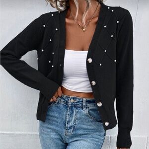 Women’s Beaded Knit Cardigan Long Sleeve Button